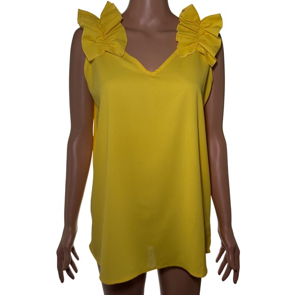 Zenana Outfitters Tops - ZENANA Women Yellow Ruffle Shoulder V Neck Sleeveless Top Blouse Size M